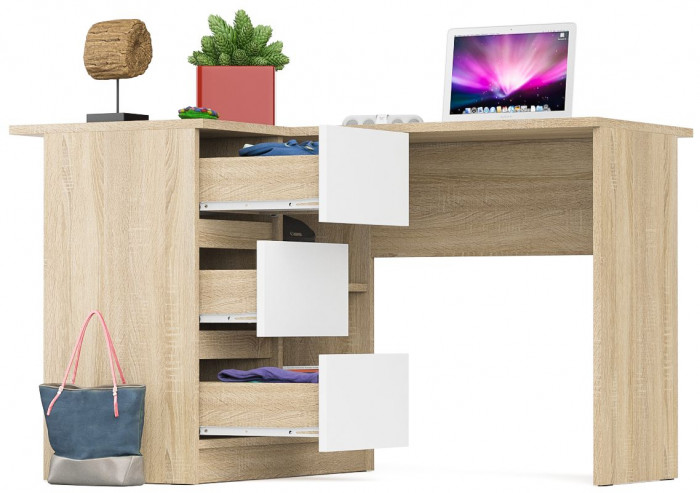 Мори Стол компьютерный МС-16 левый, цвет дуб сонома/белый, ШхГхВ 124,4х84,9х76,6 см., выдвижные ящики слева, НЕ универсальная сборка