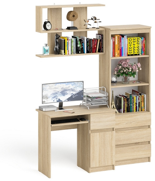 Мори Стол компьютерный МС-6 левый + Комод МК800.1 + Полка 900, цвет дуб сонома, ШхГхВ 170,4х50х209,6 см., НЕ универсальная сборка