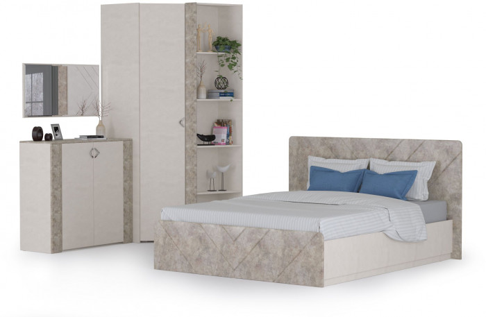 Амели Спальня № 9 Комод 13.107 + Зеркало + Шкафы 13.140 + 13.131 + Кровать 11.31 + под. ортопед, цвет шёлк. камень/бетон чикаго беж, 1600х2000 мм, б/м