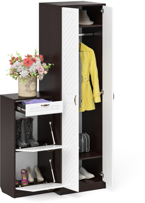 Прихожая П-6 Компоновка № 16, цвет венге/фасады МДФ белое дерево фрезеровка ромб, ШхГхВ 110х50х210 см., универсальная сборка