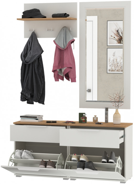 Октава Прихожая 39, цвет белый шагрень/дуб крафт золотой/фасады МДФ белый шагрень, ШхГхВ 129,8х35,4х197 см., универсальная сборка