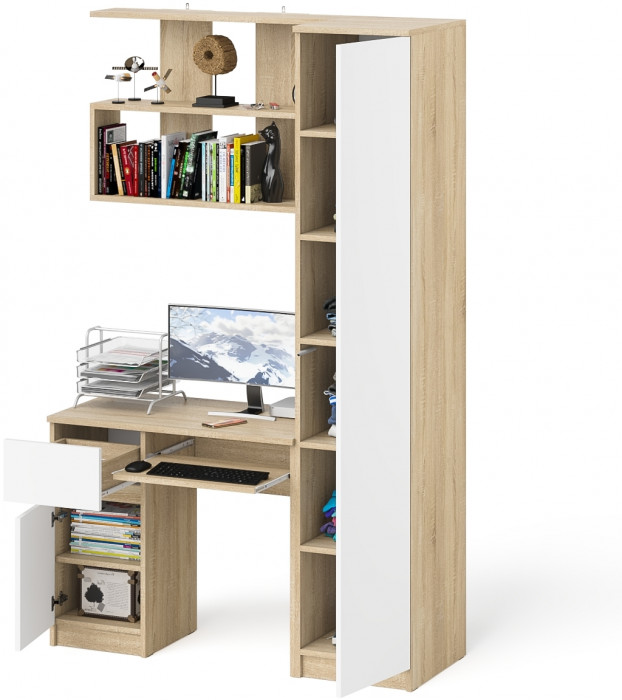 Мори компьютерный стол МС-1 левый + Пенал МШ400.1 + Полка 900, дуб сонома/белый