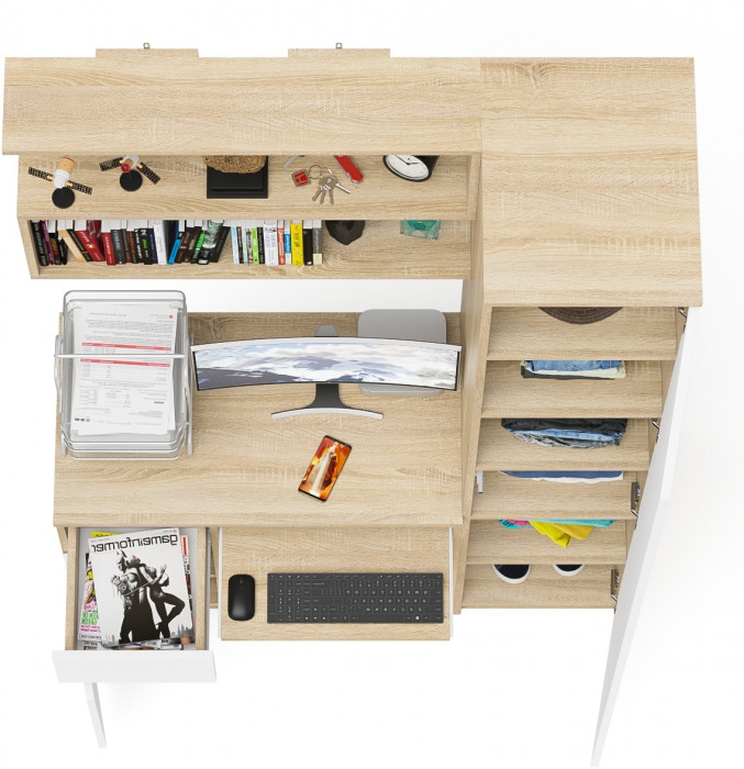 Мори компьютерный стол МС-1 левый + Пенал МШ400.1 + Полка 900, дуб сонома/белый