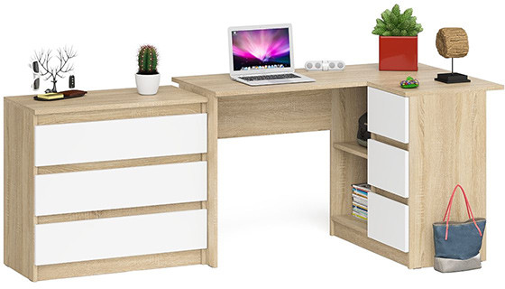 Мори компьютерный стол МС-16 правый + Комод МК800.1, дуб сонома/белый
