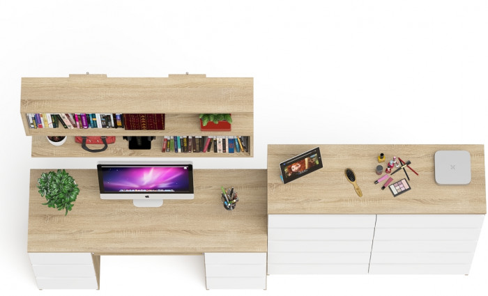 Мори компьютерный стол МС-2 + Комод МК1200.10 + Полка 1200, дуб сонома/белый