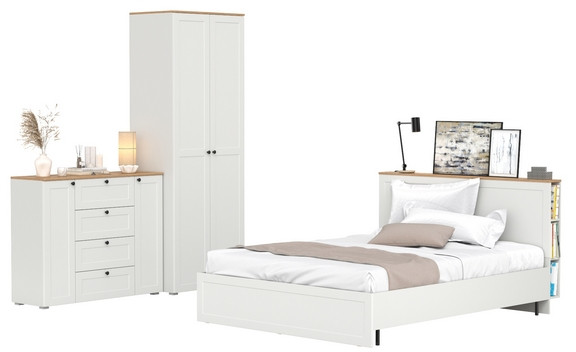 Остин 11.53 Кровать + ортопед + 13.336.02 Шкаф для одежды + 16.221 Комод, белый шагрень/дуб крафт золотой