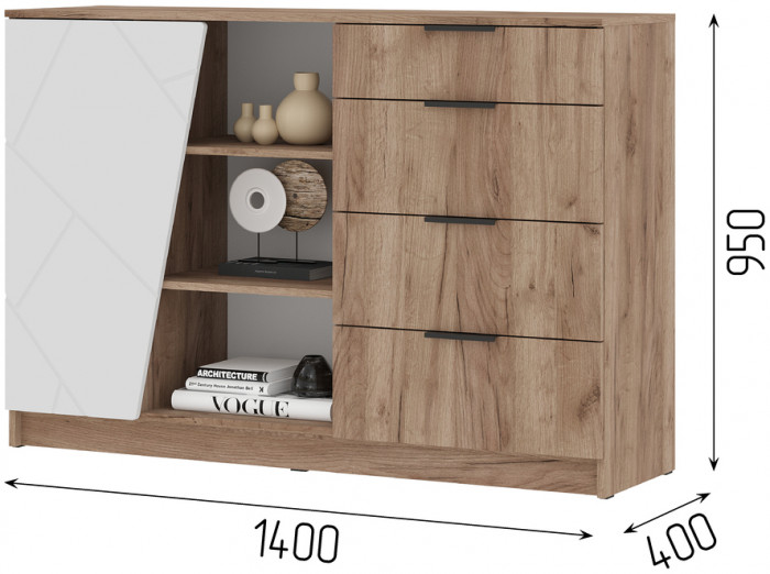 ОРЕГОН КМ 01 Комод 1400 (1400х950х400) Фасад МДФ БЕЛЫЙ СУПЕРМАТ,ДУБ КРАФТ ТАБАЧНЫЙ/Корпус ДУБ КРАФТ ТАБАЧНЫЙ