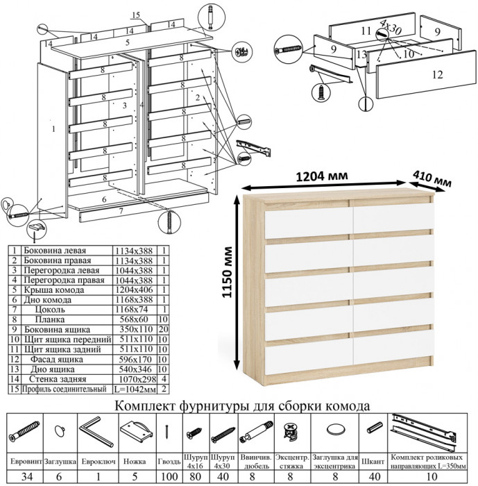 Мори Комод МК1200.10, цвет дуб сонома/белый, ШхГхВ 120,4х41х115 см.