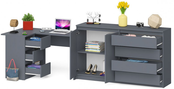 Мори Стол компьютерный МС-16 левый + Комод МК1600.1, цвет графит, ШхГхВ 284,8х84,9х94 см., выдвижные ящики слева, НЕ универсальная сборка