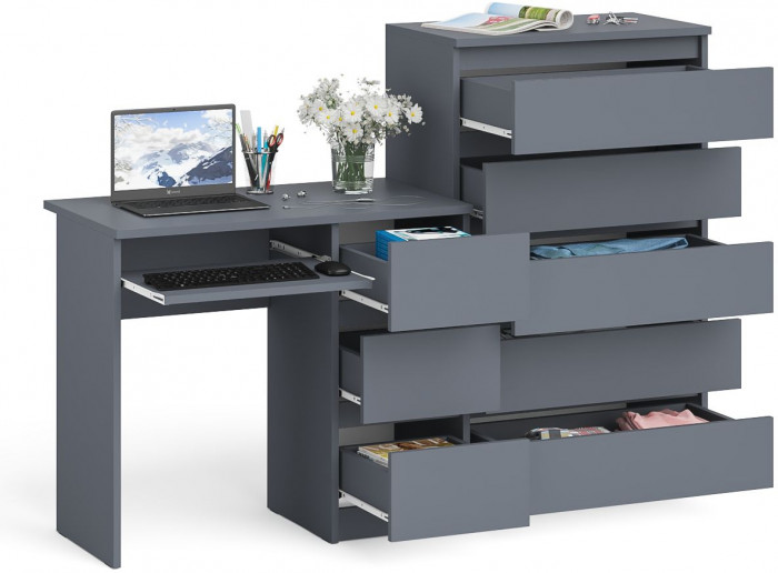 Мори Стол компьютерный МС-6 правый + Комод МК700.5, цвет графит, ШхГхВ 160,4х50х114 см., выдвижные ящики справа, НЕ универсальная сборка