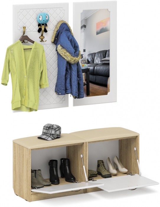 Прихожая П-6 Компоновка № 02, цвет дуб сонома/фасады МДФ белое дерево фрезеровка ромб, ШхГхВ 120х35х200 см.