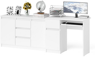 Мори Стол компьютерный МС-1 левый + Комод МК1200.3, цвет белый, ШхГхВ 210,4х50х76,6 см., выдвижной ящик слева, НЕ универсальная сборка
