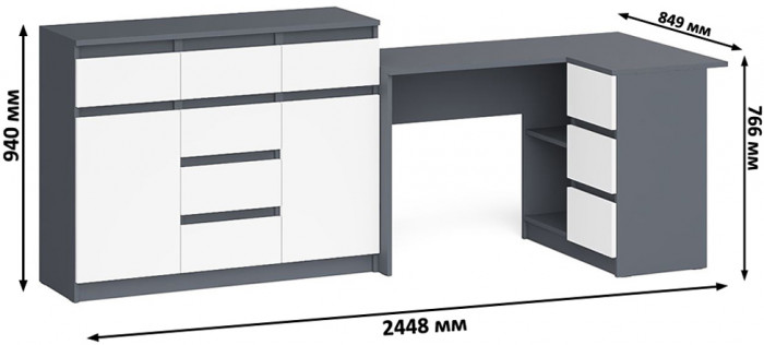 Мори компьютерный стол МС-16 правый + Комод МК1200.4, графит/белый