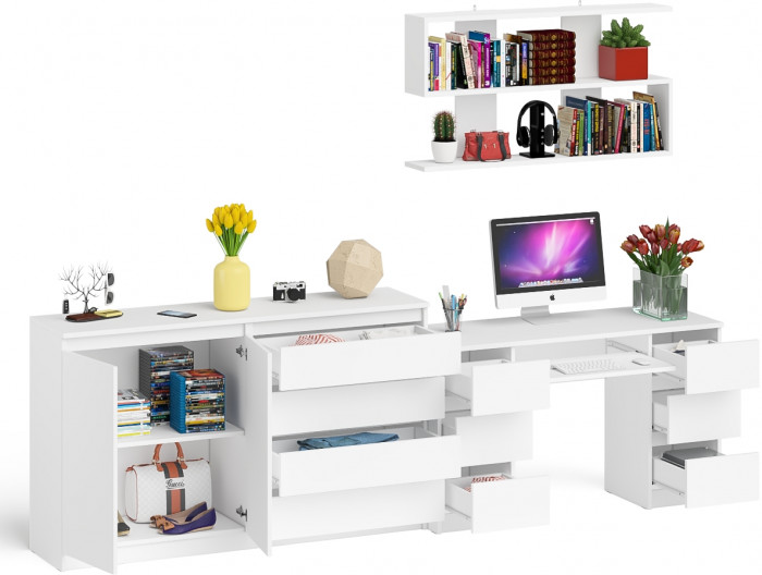 Мори компьютерный стол МС-2 + Комод МК1600.1 + Полка 1200, белый