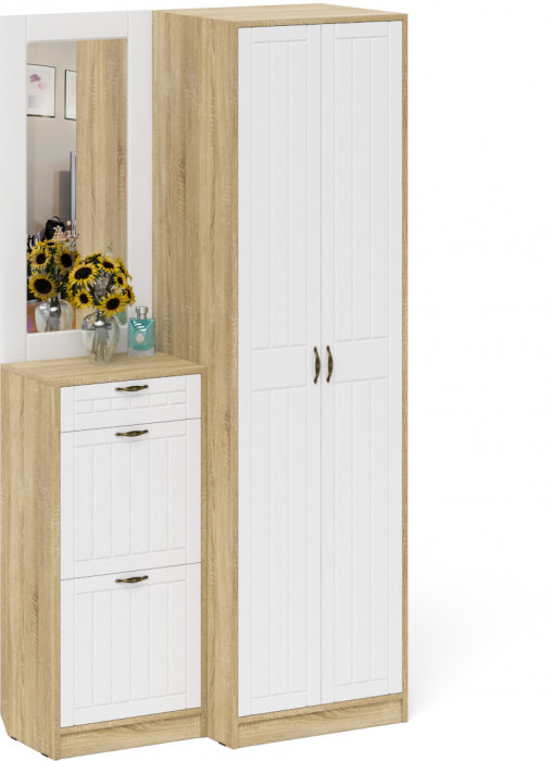 Прихожая П-6 Компоновка № 17, дуб сонома/фасады МДФ белое дерево фрезеровка прованс