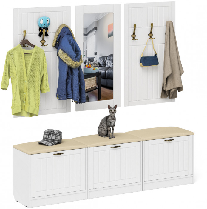 Прихожая П-6 Компоновка № 03, цвет белая шагрень/фасады МДФ белое дерево фрезеровка прованс, ШхГхВ 180х35х200 см., универсальная сборка