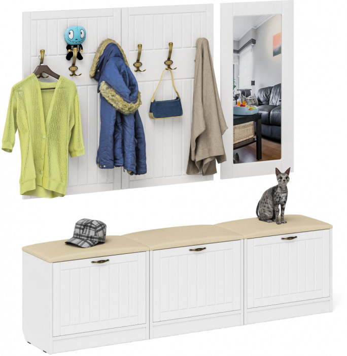 Прихожая П-6 Компоновка № 03, цвет белая шагрень/фасады МДФ белое дерево фрезеровка прованс, ШхГхВ 180х35х200 см., универсальная сборка