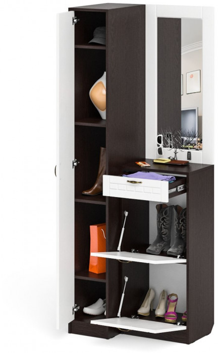 Прихожая П-6 Компоновка № 43, цвет венге/фасады МДФ белое дерево фрезеровка прованс, ШхГхВ 80х50х210 см., универсальная сборка