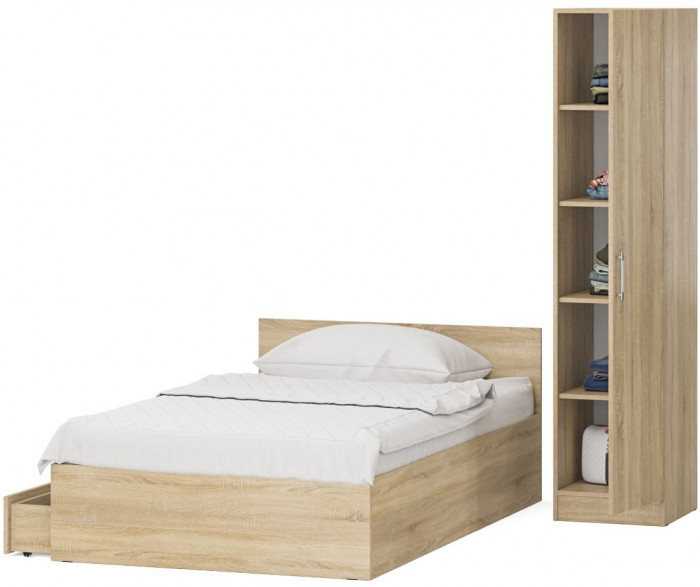 Кровать с ящиками 1200 + Пенал Стандарт, цвет дуб сонома, ШхГхВ 123,5х203,5х70 + 45х52х200 см., сп.м. 1200х2000 мм., без матраса, основание есть
