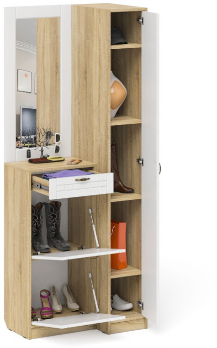 Прихожая П-6 Компоновка № 43, дуб сонома/фасады МДФ белое дерево фрезеровка прованс