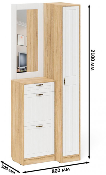 Прихожая П-6 Компоновка № 43, дуб сонома/фасады МДФ белое дерево фрезеровка прованс