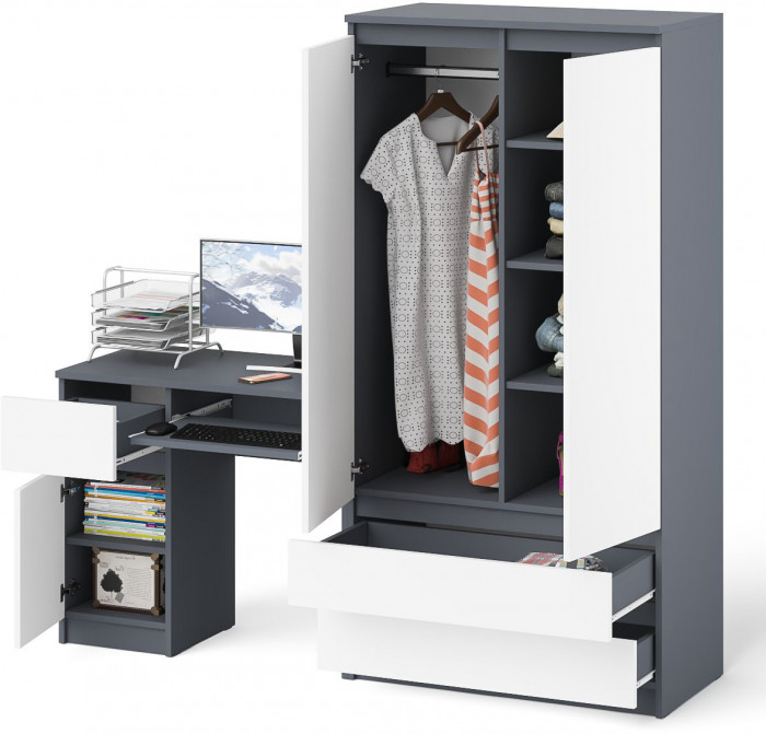 Мори компьютерный стол МС-1 левый + Шкаф МШ900.1, графит/белый