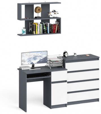 Мори компьютерный стол МС-1 правый + Комод МК800.4 + Полка 900, графит/белый