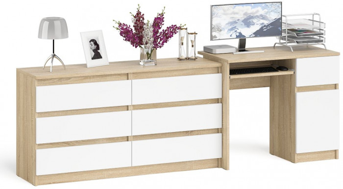 Мори Стол компьютерный МС-1 правый + Комод МК1380.6, цвет дуб сонома/белый, ШхГхВ 228х50х76,6 см., выдвижной ящик справа, НЕ универсальная сборка
