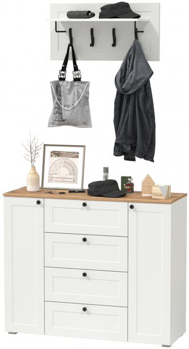 Остин 16.221 Комод + 15.12 Вешалка, цвет белый шагрень/дуб крафт золотой, ШхГхВ 120х41,9х210 см.