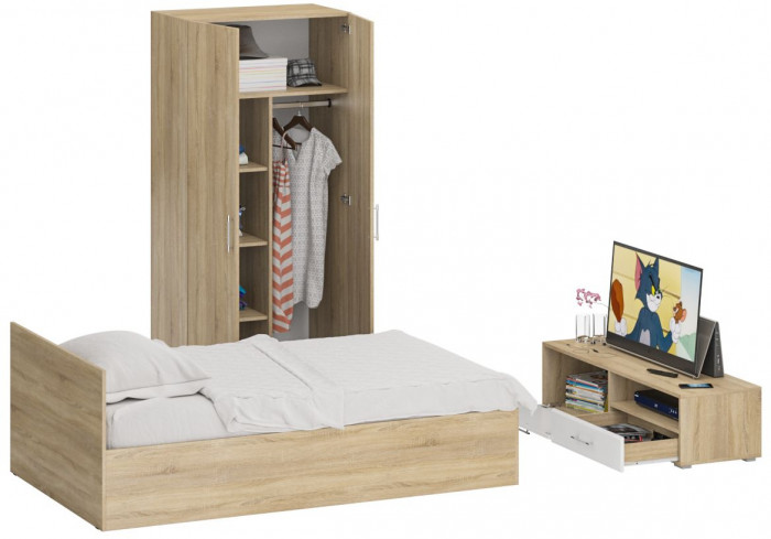 Спальня Стандарт 3-1200, дуб сонома/фасады ТВ тумбы МДФ белый глянец