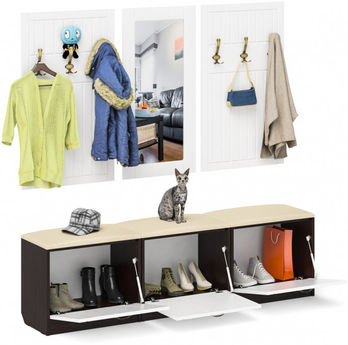 Прихожая П-6 Компоновка № 03, цвет венге/фасады МДФ белое дерево фрезеровка прованс, ШхГхВ 180х35х200 см., универсальная сборка