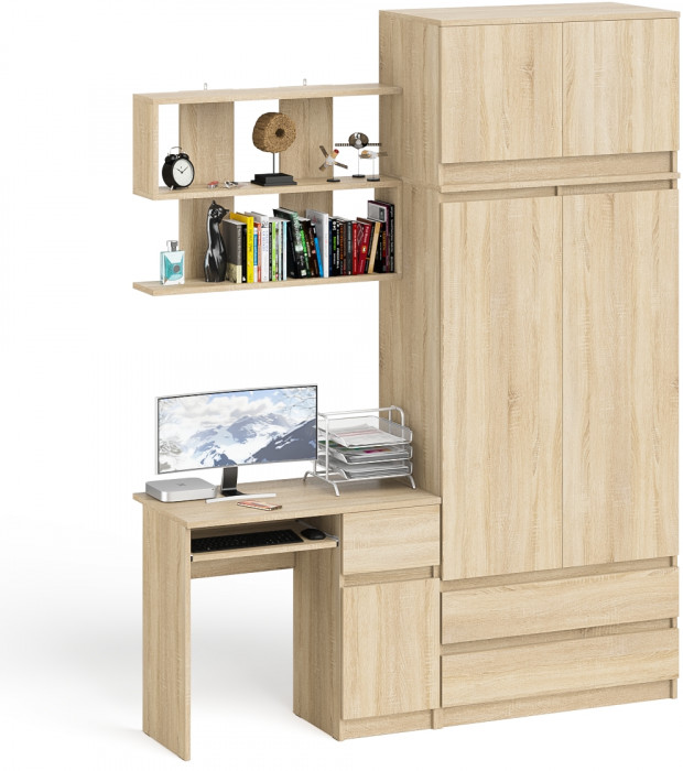 Мори компьютерный стол МС-1 правый + Шкаф МШ900.1 + Антресоль МА900.1 + Полка 900, дуб сонома