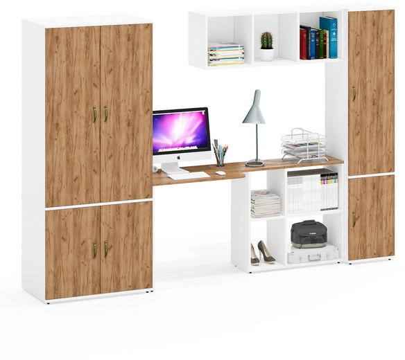 Лидер-8 Шкаф МД 19Б + Стол + Полка + Пенал 22Б, цвет белый шагрень/крафт золото, ШхГхВ 285х50/37,5х75/190 или 195х120х75/190 см., НЕ ун.сб.