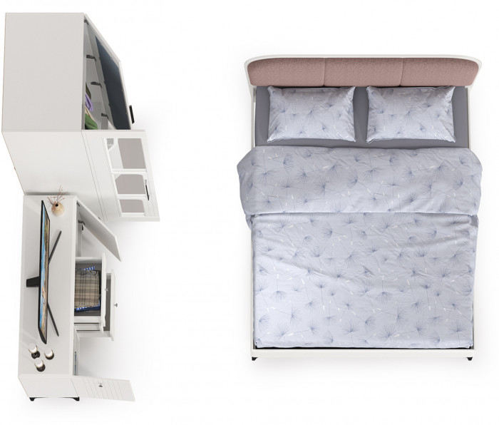 Валенсия Спальня № 18, цвет ЛДСП белый шагрень/МДФ белый шагрень/ткань велутто 19, ортопед есть, сп. м. 1600х2000 мм., б/м