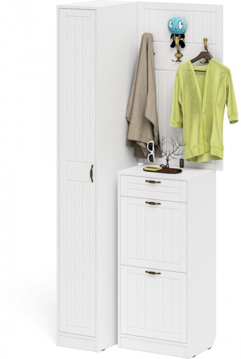 Прихожая П-6 Компоновка № 44, белая шагрень/фасады МДФ белое дерево фрезеровка прованс