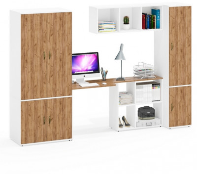 Лидер-8 Шкаф МД 19Б + Стол + Полка + Пенал 23Б, цвет белый шагрень/крафт золото, ШхГхВ 285х50/37,5х75/190 или 195х120х75/190 см., НЕ ун.сб.