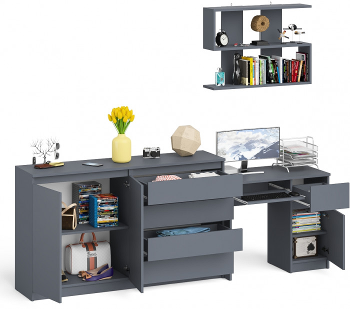 Мори Стол компьютерный МС-1 правый + Комод МК1600.1 + Полка 900, цвет графит, ШхГхВ 250,4х50х209,6 см., НЕ универсальная сборка