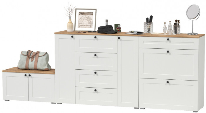 Остин 16.221 Комод + 16.121 Тумба для обуви + 13.257 Тумба, цвет белый шагрень/дуб крафт золотой, ШхГхВ 280х41,9х99,3 см.