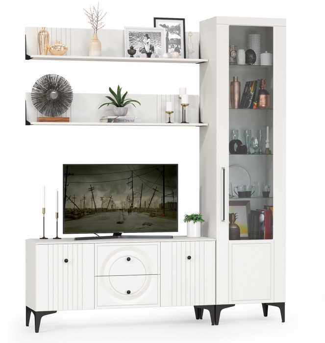 Валенсия Гостиная № 056, цвет ЛДСП белый шагрень/МДФ белый шагрень, ШхГхВ 188,1х38,3х225,2 см., универсальная сборка