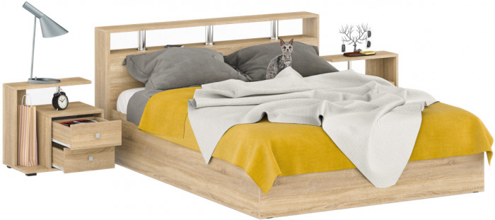 Камелия Кровать 1600 + две тумбы, цвет дуб сонома, ШхГхВ 276х217х78,2 см., сп.м. 1600х2000 мм., без матраса, основание есть