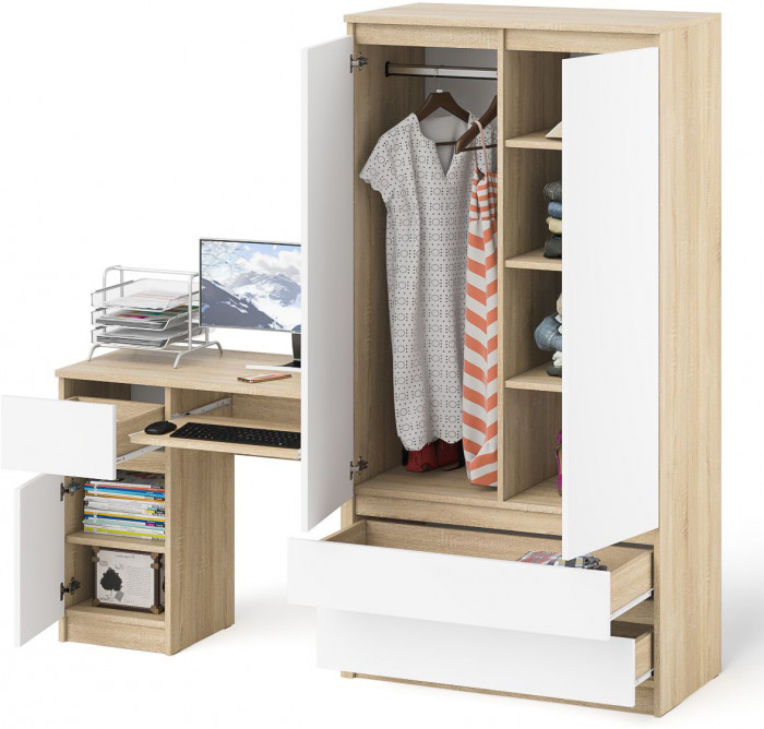 Мори компьютерный стол МС-1 левый + Шкаф МШ900.1, дуб сонома/белый