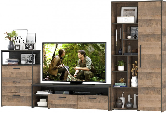 Трувор Гостиная 080, цвет дуб гранж песочный/интра, ШхГхВ 308,8х45,4х194,2 см., универсальная сборка