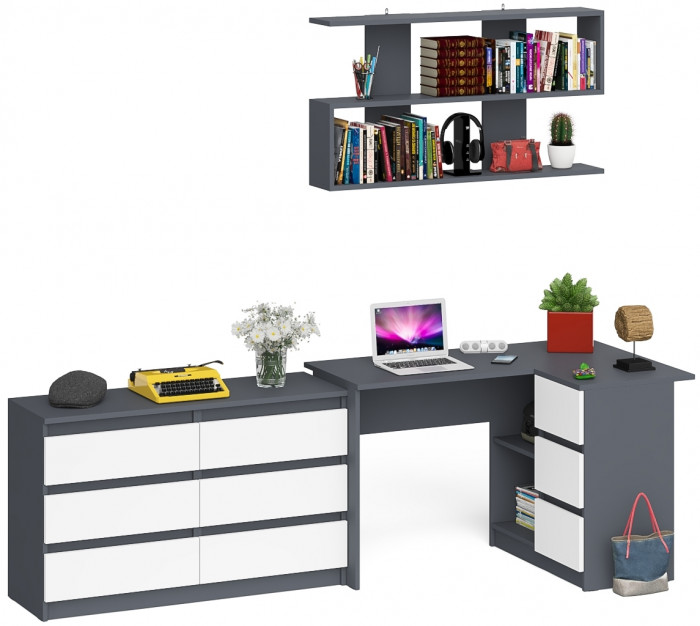 Мори компьютерный стол МС-16 правый + Комод МК1200.6 + Полка 1200, графит/белый