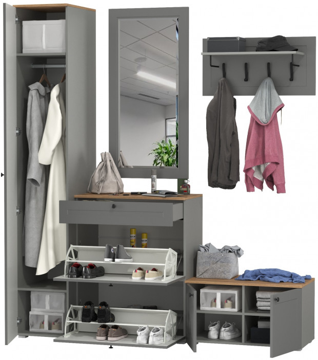 Остин Прихожая 45, цвет серый графит/дуб крафт золотой, ШхГхВ 200х54,3х229,6 см., универсальная сборка