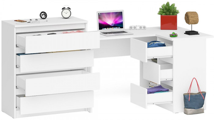 Мори компьютерный стол МС-16 правый + Комод МК800.4, белый