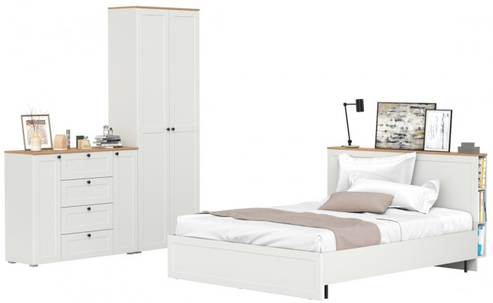 Остин 11.53 Кровать + ортопед + 16.307 Шкаф + 16.221 Комод, белый шагрень/дуб крафт золотой