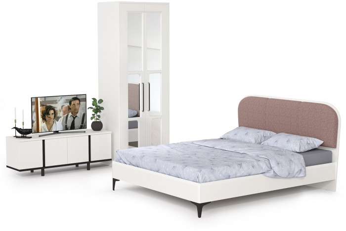 Валенсия Спальня № 26, цвет ЛДСП белый шагрень/чёрный/МДФ белый шагрень/ткань велутто 19, ортопед есть, сп. м. 1600х2000 мм., б/м