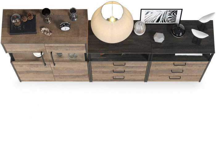 Трувор 13.306 Комод с витриной + 13.307.02 Комод с ящиками + 13.307.02 Комод с ящ., цвет дуб гранж песочный/интра, ШхГхВ 217,8х37х135,3 см., ун. сб.