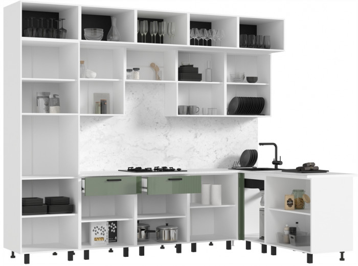 Кухня Техно 3,0х1,8/1080м Компоновка №8, Белый/Олива глянец