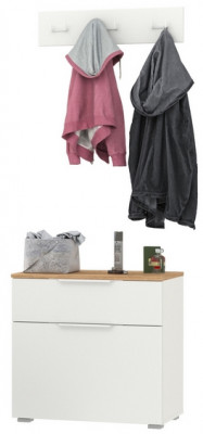 Октава 16.127 Тумба для обуви + 15.14.02 Вешалка, цвет белый шагрень/дуб крафт золотой/фасады МДФ белый шагрень, ШхГхВ 64,9х35,4х180 см.